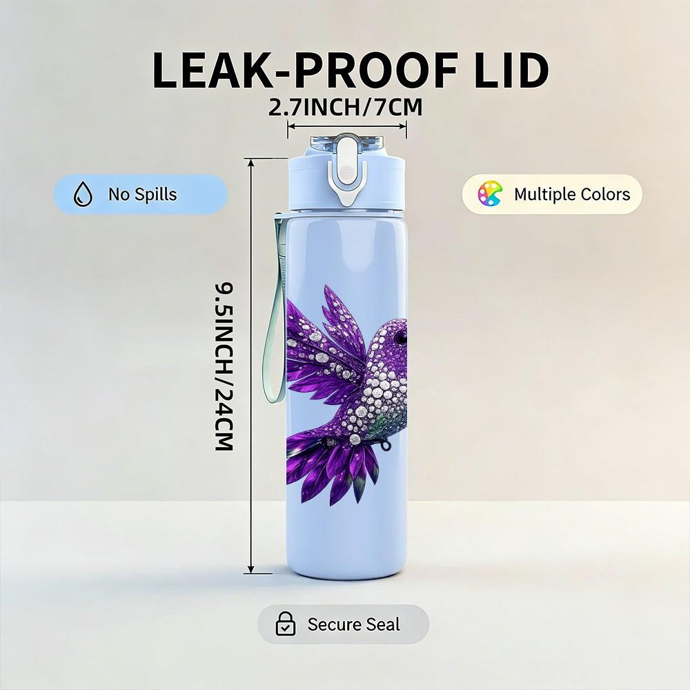 1PC Purple Hummingbird Bird 750ml Color Plastic Sports Water Bottle Leakproof Flip Straw Lid Suitable for Sports Office Home Use