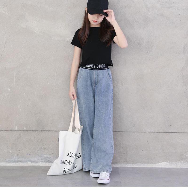 Синие джинсы для девочек, весенне-осенние повседневные модные свободные синие детские широкие брюки, школьные детские брюки с высокой талией