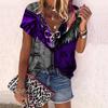 Women's Top Summer New Fashion Rose Flower Dark Skeleton Printed Casual Zipper V-neck Short Sleeve Top