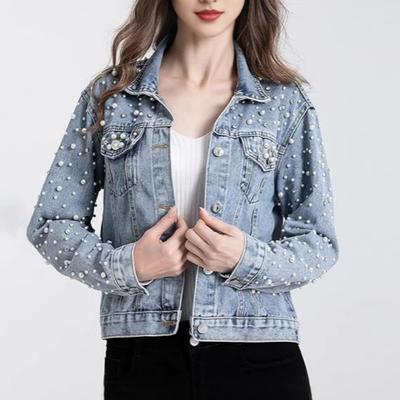 Модная женская джинсовая куртка приталенного силуэта с отделкой бриллиантами   Стиль Тяжелая вышивка Верхняя одежда