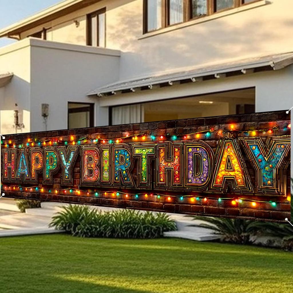 Nuxovilar Happy Birthday Yard Banner - 78.7x17.7 Inch Brick Wall with Colorful String Lights,Happy Birthday Yard Design, Outdoor/Indoor Giant