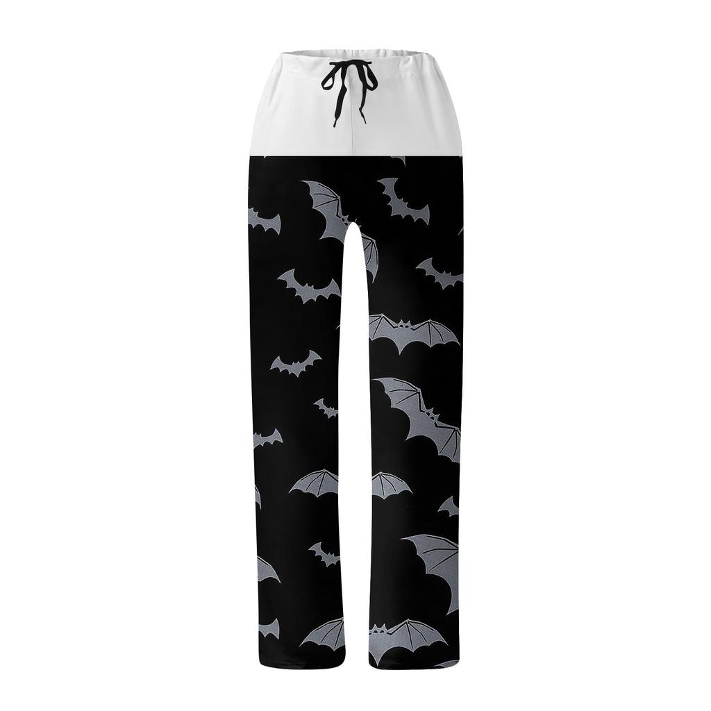 Женские широкие брюки на резинке и завязках на талии для Хэллоуина, повседневные брюки с принтом