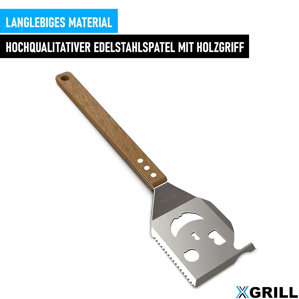 XGRILL 5 In 1 Grill Spatula for Barbecue Multifunctional Grill Cutlery Wooden Handle