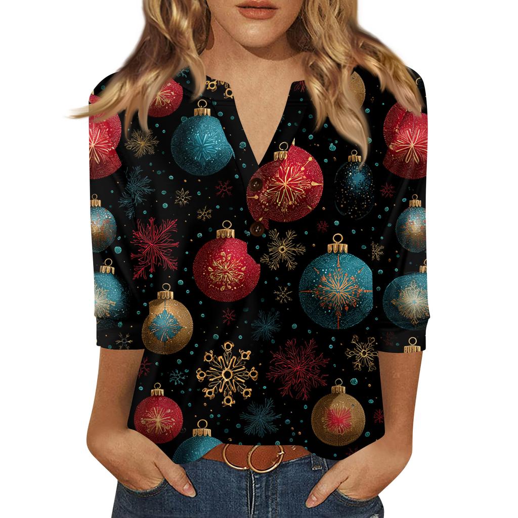 Women's T Shirt Print Button 3/4 Sleeve Daily Weekend Fashion Basic V- Neck Regular Top