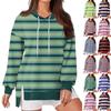 Women's Fashionable Casual Hoodie Long Sleeved Drawstring Pullover Striped Patchwork Printed Loose Slit Sweatshirt