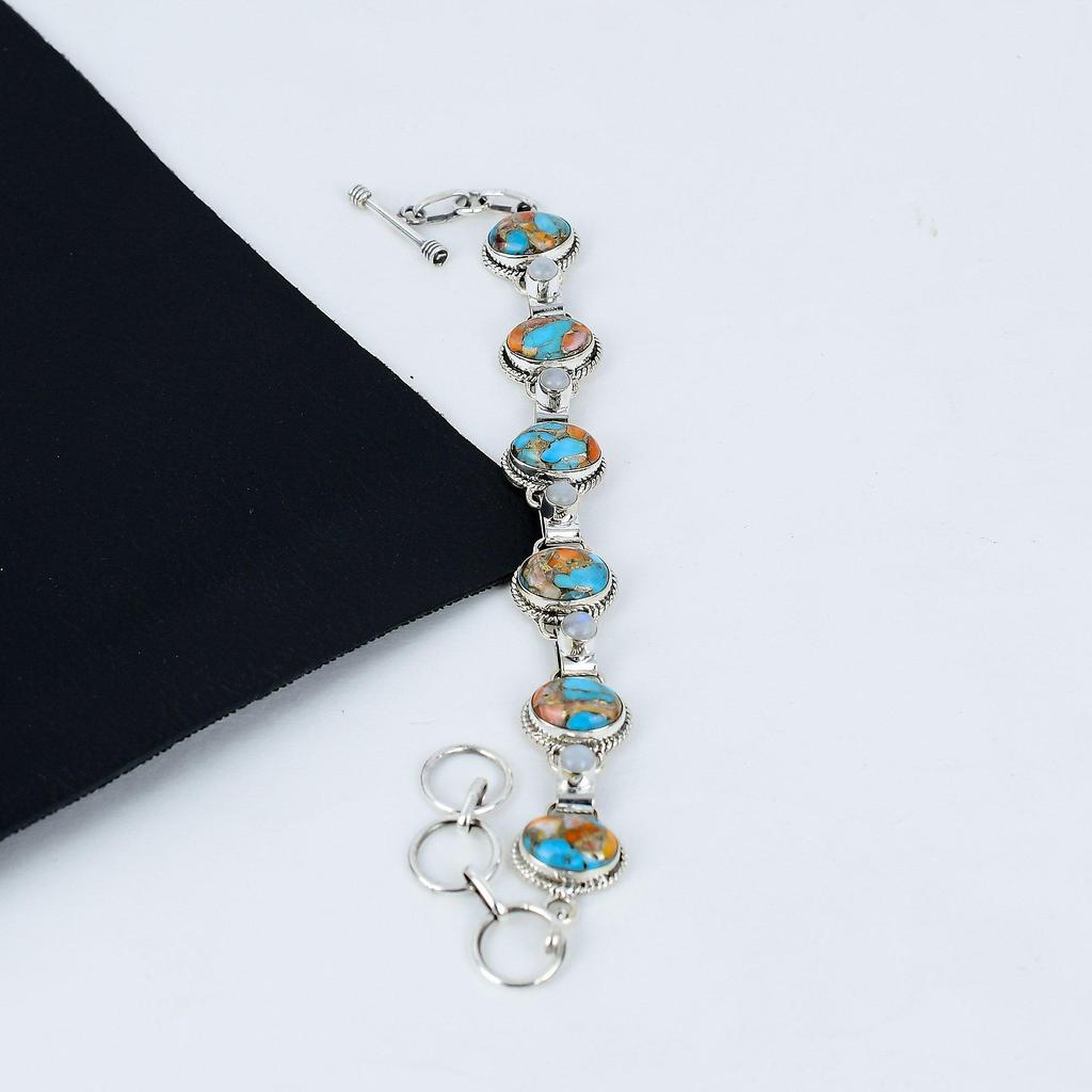 Оранжевая колючая устрица, регулируемый браслет из серебра 925 пробы с лунным камнем, серебряный браслет в стиле бохо, подарки на День святого Валентина, подарки для нее