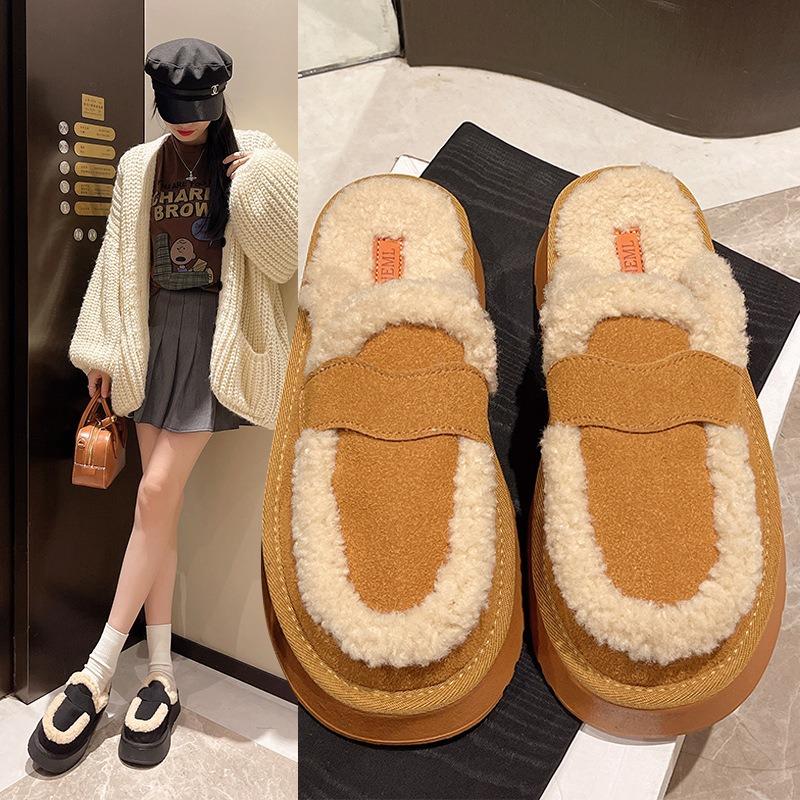 Fashion Fluffy Slippers Women's New Autumn and Winter Thick-bottomed Warm Bag Head Solid Color Half-tray Cotton Slippers