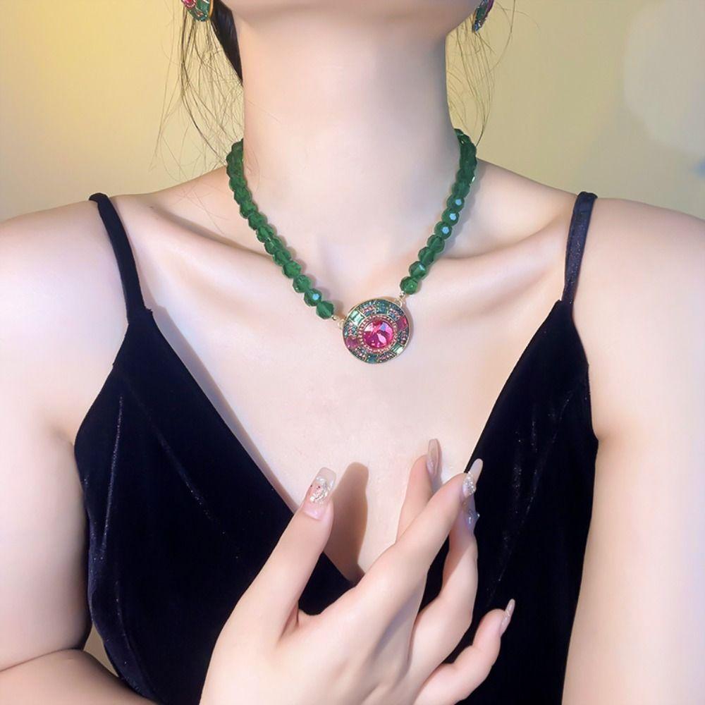Ретро круглые серьги-гвоздики со стразами модная подвеска изысканное зеленое хрустальное ожерелье для женщин