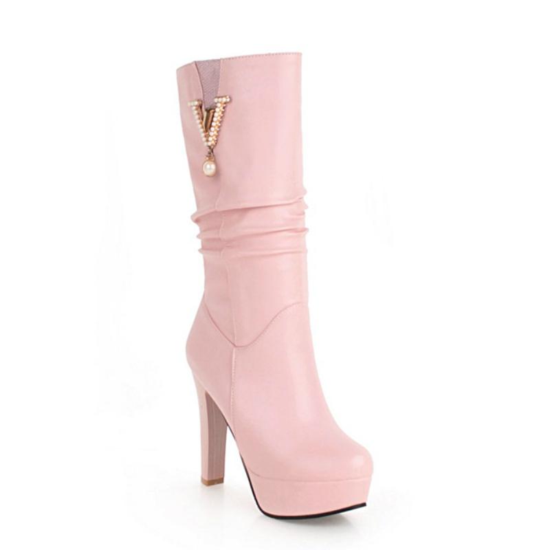 Элегантные розовые белые полусапожки женские осенне-зимние длинные сапоги на платформе женские туфли без застежек роскошные туфли на высоком каблуке с кристаллами для вечеринок