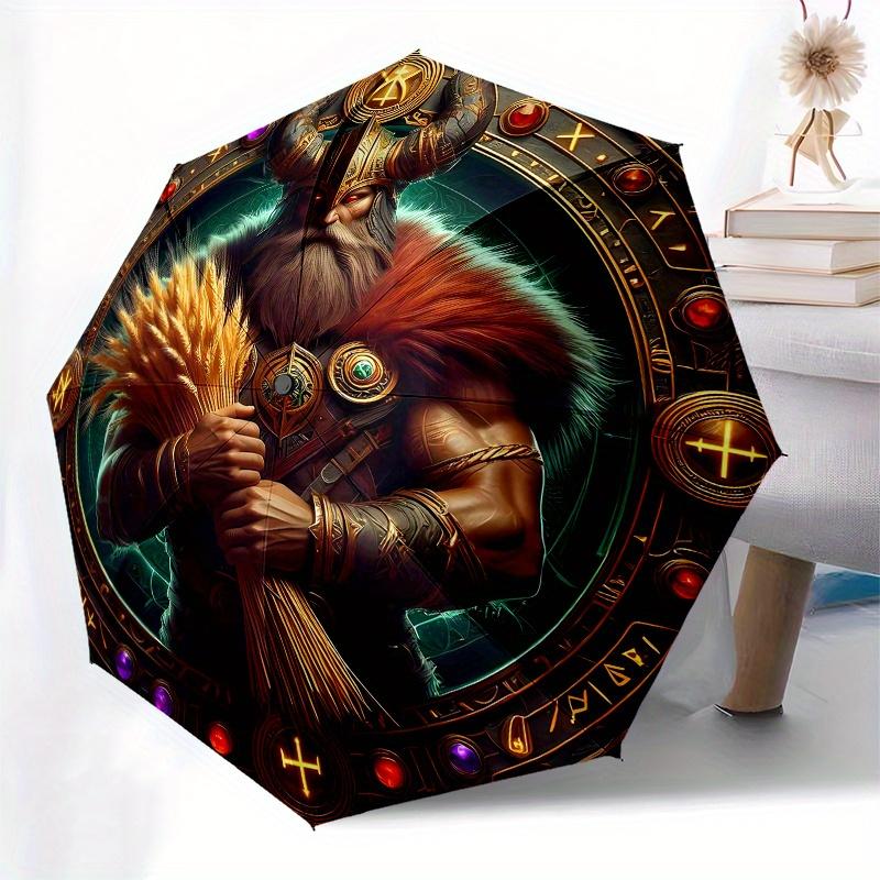 Viking Warrior Wall Art Decor, Norse Mythology Poster with Shield and Sword Umbrella, Cute Umbrella with Cute Design, Portable 3-Fold Compact Umbrella