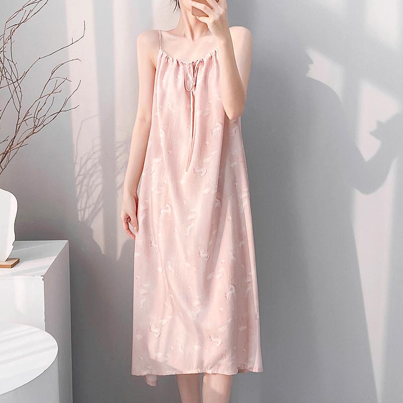 New nightgown suspenders summer women's artificial cotton silk can be worn outside vest pajamas fresh and high-end loungewear