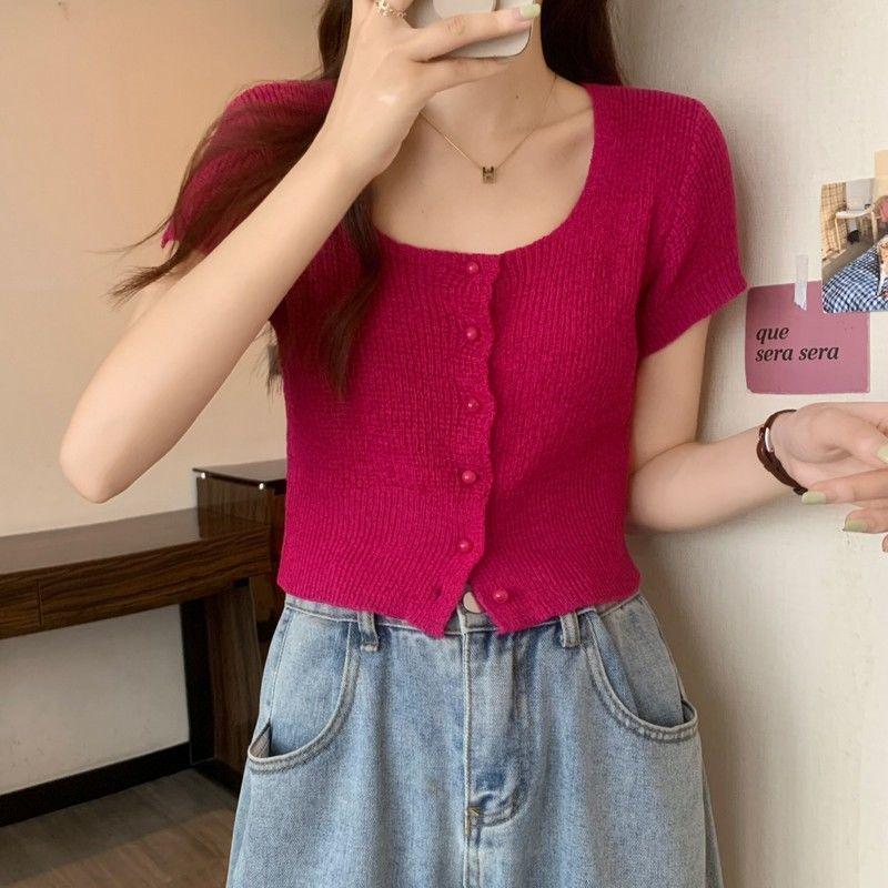 Элегантный и тонкий квадратный вырез, радужная однобортная рубашка, летний свитер с короткими рукавами, футболка с короткими рукавами