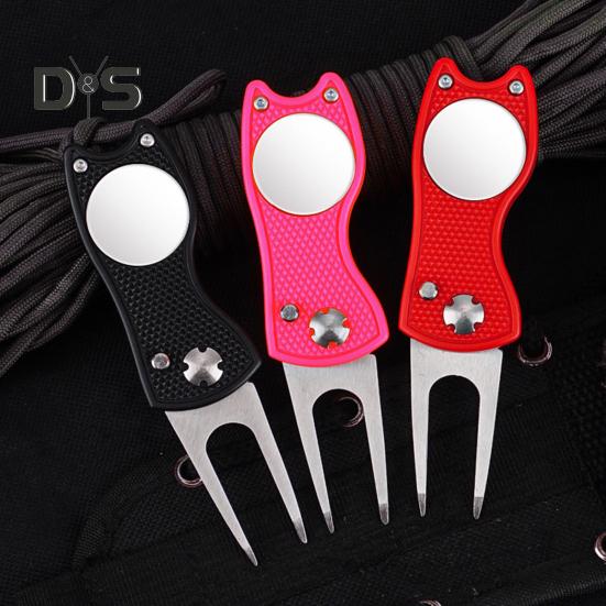 Golf Divot Tool with Pop-up Button Metal Foldable Golf Divot Repair Fork Green Tool with Magnetic Putt Alignment Ball Marker for Golfers Accessory