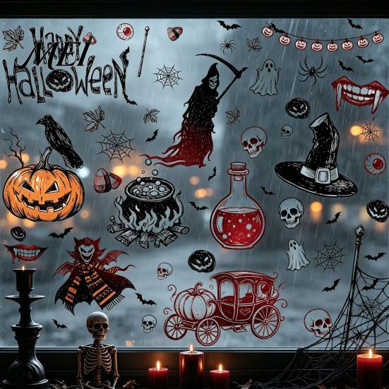 Dark Aesthetic Home Ornaments 9PCS Halloween Static Window Stickers, Gothic Silhouette Decals, Reusable Retro Horror Stickers Waterproof PVC for Glass
