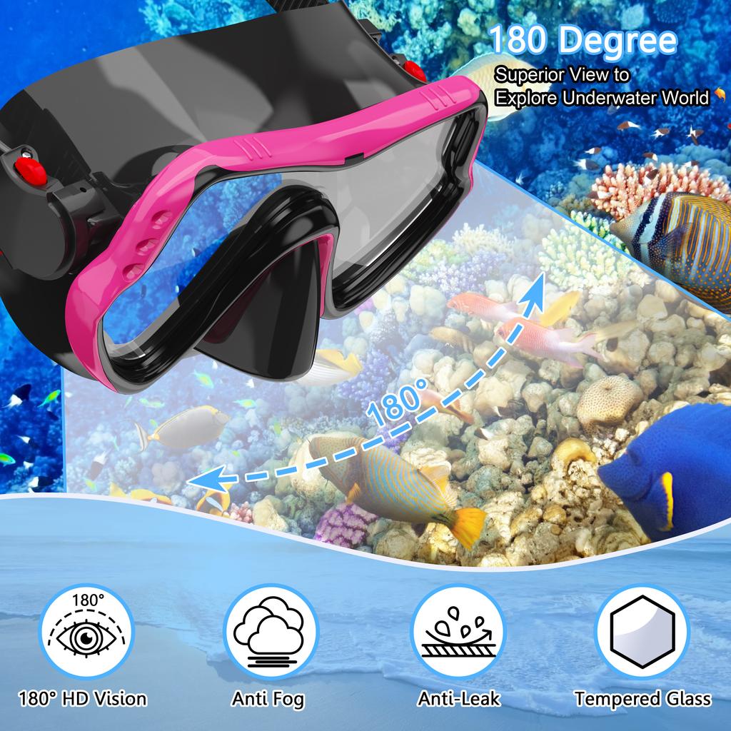 Diving Mask Swimming Goggles Scuba Snorkel Silicone Skirt Tempered Glass Panoramic HD for Adult Youth Anti-Fog with Nose Cover