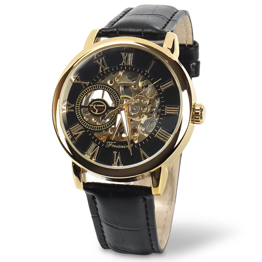 TeamSky Mechanical Roman Numeral Watch Retro Hollow Mechanical Watch Band C Men's (Gold Case/Leather (Type Band))