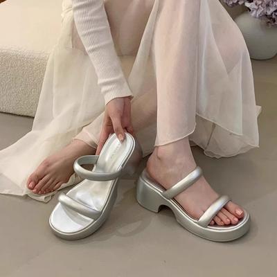 Модная женская обувь Серебристые тапочки Мягкие роскошные шлепанцы Сланцы Женские Пляжные Платформа Резиновые Вьетнамки Комфорт Дизайнерские Сабо Гавайские C