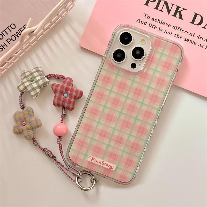 Pink Checkered Phone Case For iPhone 16 15 14 13 12 11 Pro Max X XR XS Max 7 8 Plus With Checkered Small Flowers Lanyard Cover