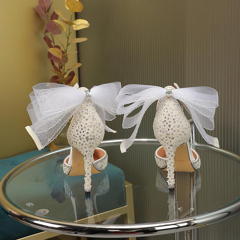 Fashion New Mesh Bowout Pearl Rhinestone Sexy Sandals  Women's Buckle Pointed High Heels Banquet Wedding Bride Bridesmaid Single Shoes