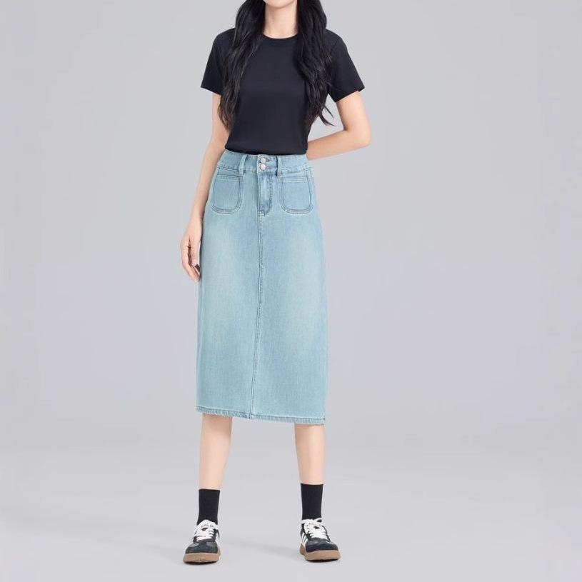 Women's Light Blue High-Waist Denim Midi Skirt with Back Slit and Double Buttons, Spring 2025 Collection – Elastic, Slimming Long Skirt