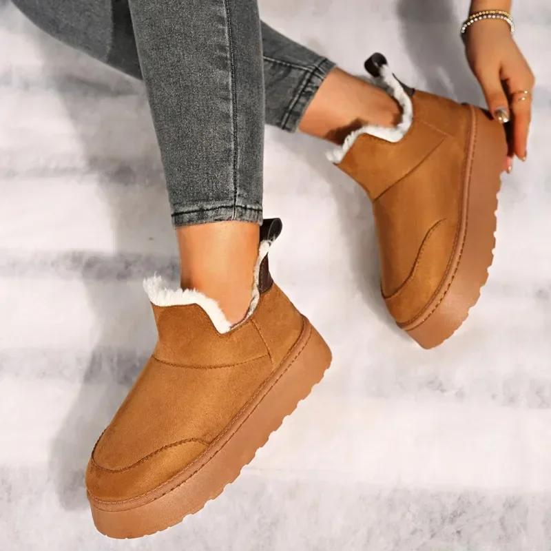 Женские нескользящие ботинки на плоской подошве, теплые плюшевые зимние ботинки, зимняя повседневная обувь на толстой подошве, новинка 2024 года, замшевые ботинки для ходьбы Femininas