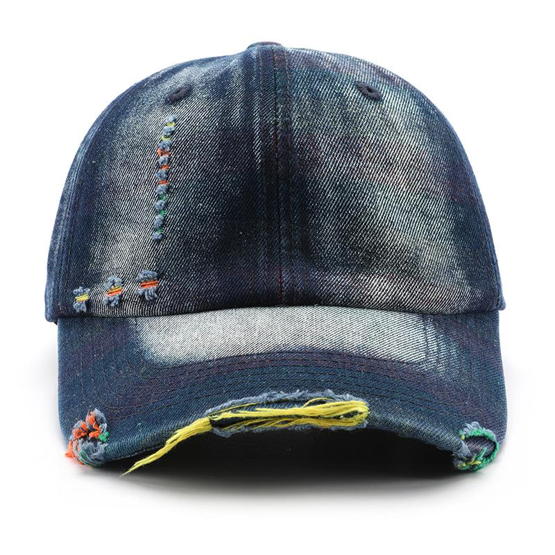 Women's washed denim baseball cap with distressed details, solid color, suitable for outdoor activities and sun protection