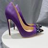 Matte Purple Rivet Women Patent Leather Pointy Toe High Heel Shoes Sexy Ladies Slip On Stiletto Pumps 8cm 10cm 12cm