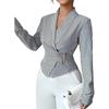 Women's Striped Long Sleeve Wrap Buckle Belted Shirt Blouse Asymmetrical Collared V Neck Slim Shirt Tops with Belt