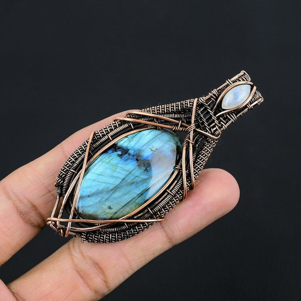Labradorite Pendant, Handmade Gemstone 999 Copper Wire Wrapped Pendant Antique Jewelry, For Gift Silver Jewelry