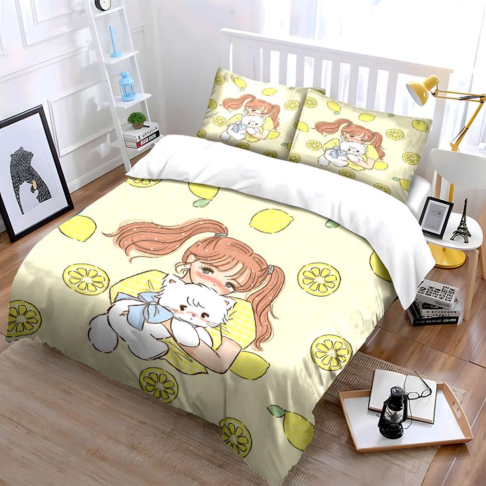 Lemon Girl with White Cat Bedding Duvet Cover Set Duvet Cover Pillowcases (1*Duvet Cover 2*Pillowcases, without duvet insert)