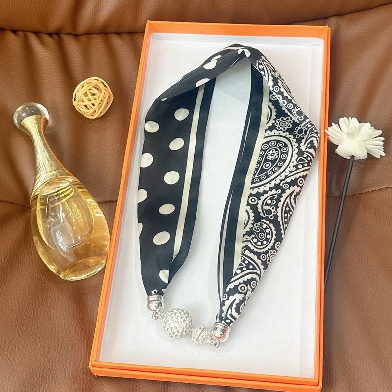 Silk Scarf Women's Spring, Autumn and Summer New Fashion Neck Protection Decoration Long Necklace Type Magnetic Buckle Scarf Small Scarf