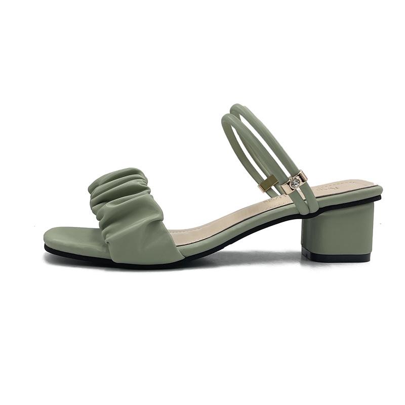 Temperament thick-heeled sandals women's 2025 summer new Korean version square head pleated open-toed one-word buckle strap high-heeled sandals women