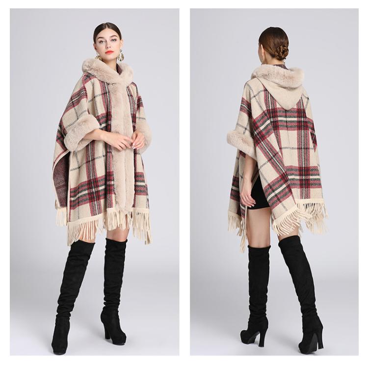 Зимняя женская шаль-накидка, куртка с меховым воротником, шаль с капюшоном, твидовая куртка, кардиган большого размера