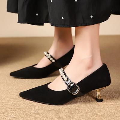 Женская обувь 2024 года, модные женские туфли-лодочки с пряжкой, осенние туфли с острым носком, бусины, однотонные туфли на шпильке или тонком каблуке, неглубокие туфли