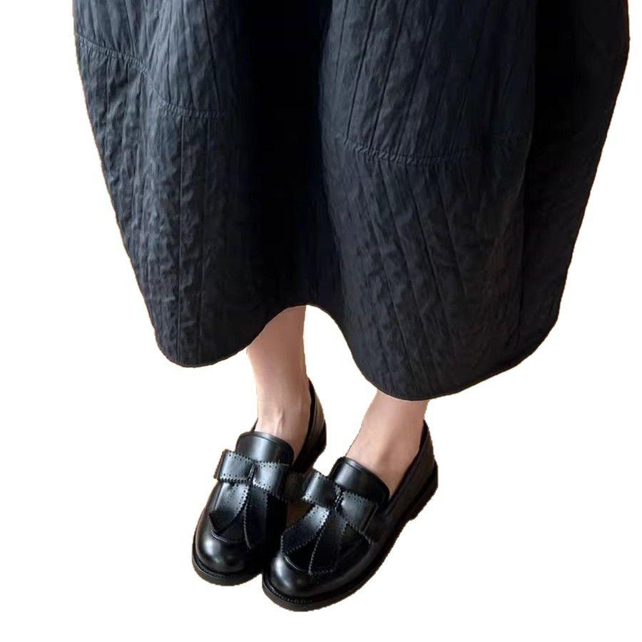 Версия из коровьей кожи~ Лоферы в британском стиле с круглым носком и бантом, ретро колледж, одинарная обувь, низкий каблук, маленькие кожаные туфли женские