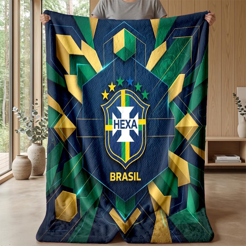 Brazil Football Printed Flannel Blanket Skin Friendly Warm Decorative Throw for Indoor Couch Bed Daily Use