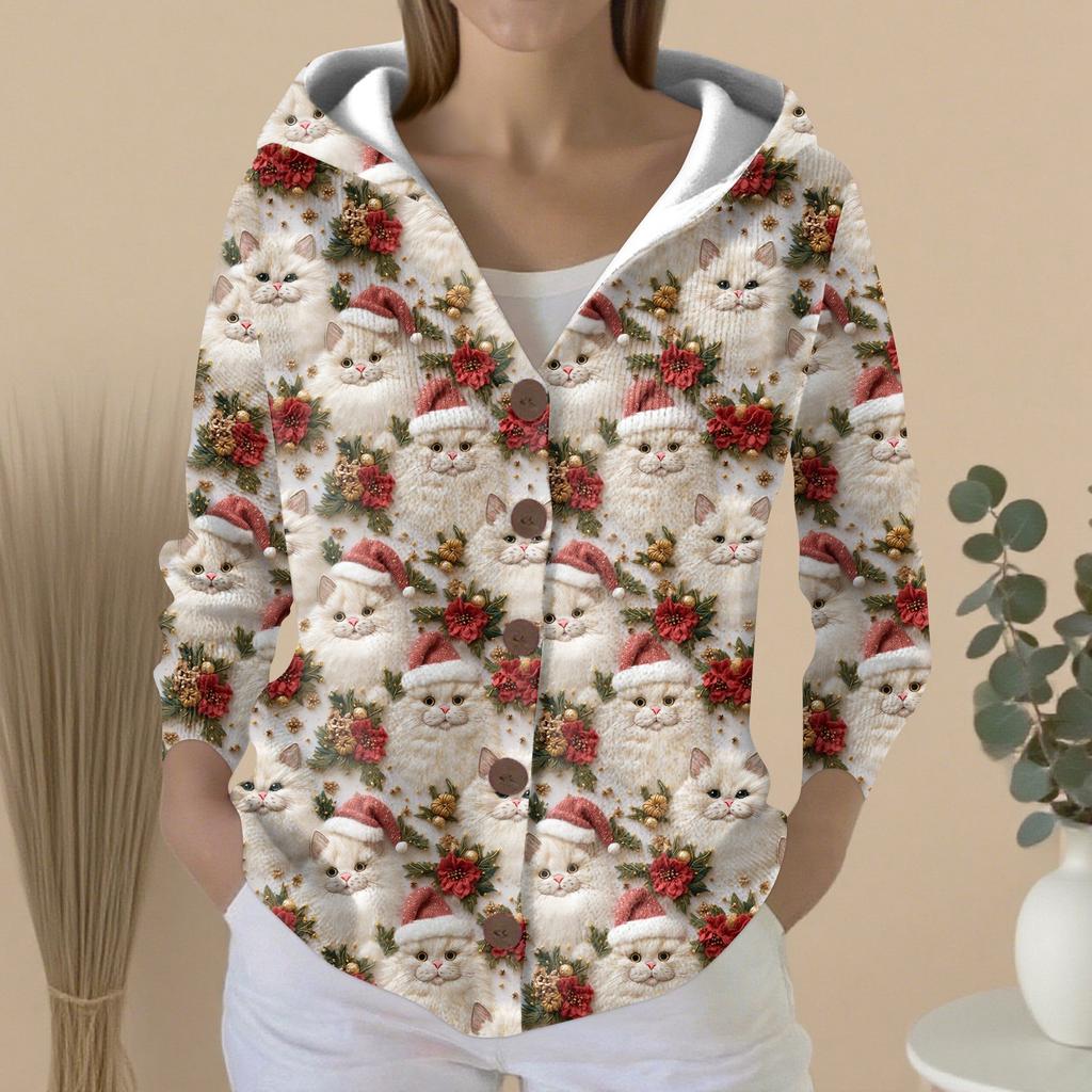 Женский модный повседневный свитер на пуговицах с принтом, кардиган, куртка с капюшоном