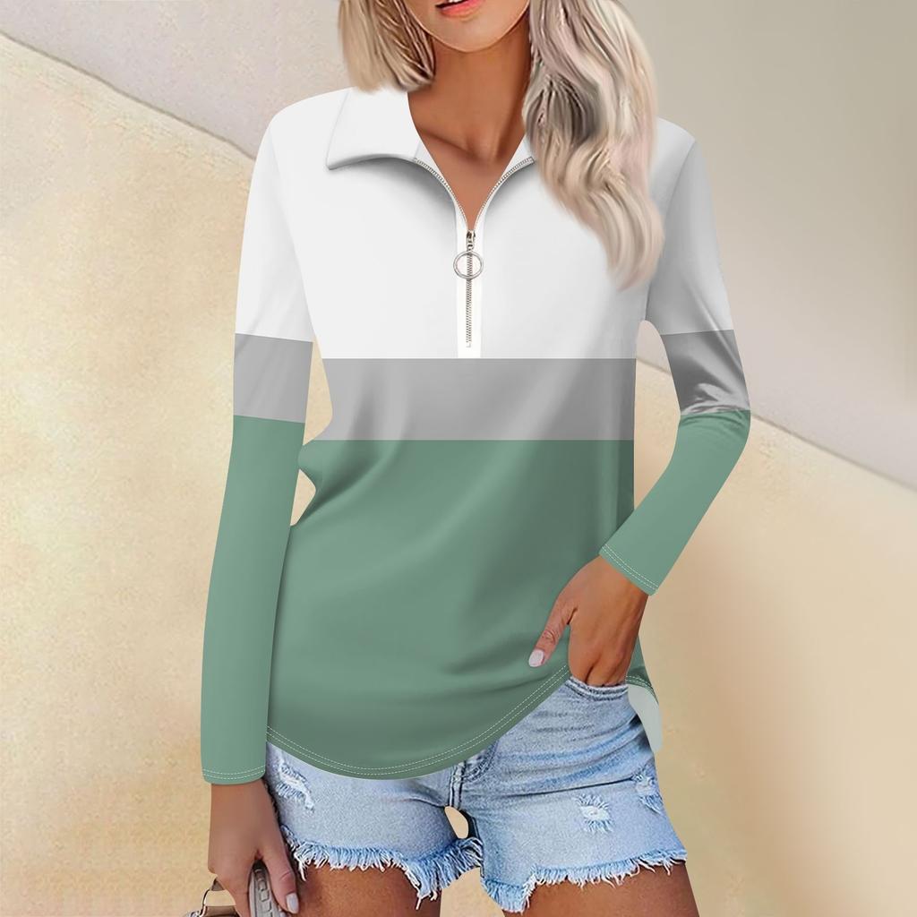 Женская весенняя и модная повседневная рубашка с принтом на молнии с V-образным вырезом и длинным рукавом