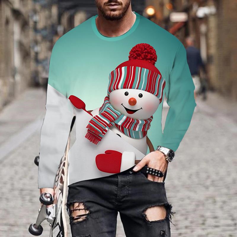 Осенняя футболка, новая мужская футболка с длинным рукавом и цифровым принтом, свободная толстовка с круглым вырезом и рождественским принтом, 3D футболка