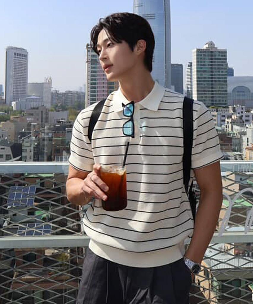 MINDBRIDGE [On][Set][Select Stripe Or Basic] Linen-Like Collared Short Sleeve Knit - 8 Colors (Type A)