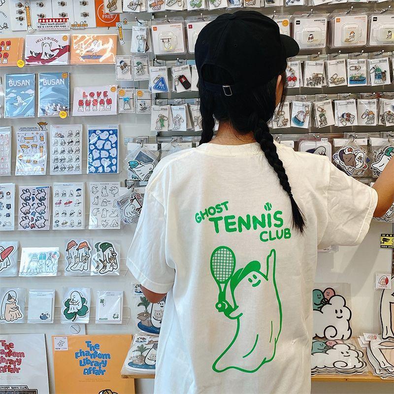 Tennis Niche American Vintage Sports Style Tennis Ghost Pure Cotton Casual Loose Fitness Short Sleeve T-shirt Women
