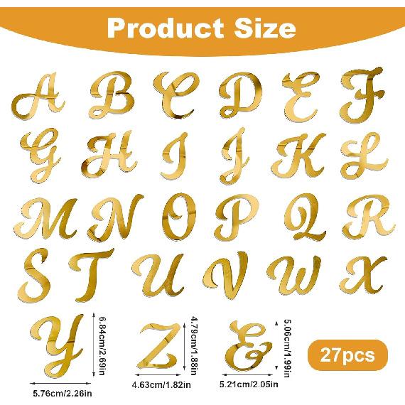 27 PCS Gold Acrylic Cake Alphabet Topper, Mirror Alphabet A-Z Personalized DIY Name Cakes Topper Picks for Wedding Cake Decorations Baby Shower