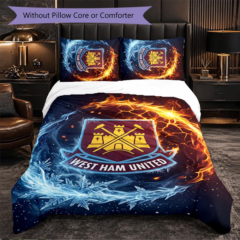 West Ham United Football 3 Piece Bedding Set Soft Duvet Cover Set with Pillowcases Printed Bedroom Decor Set for Home