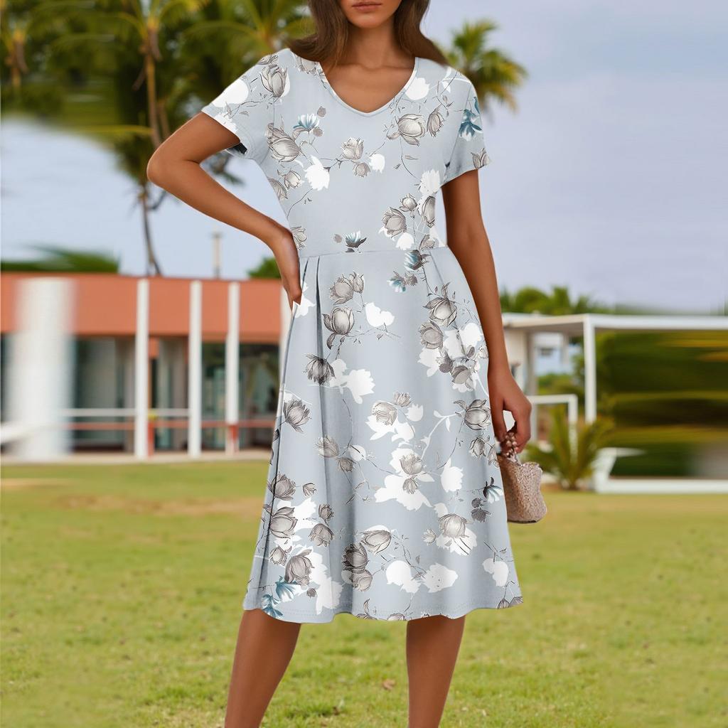 Ladies Summer Fashion Casual Floral Print V-Neck Short Sleeve Pocket Dress