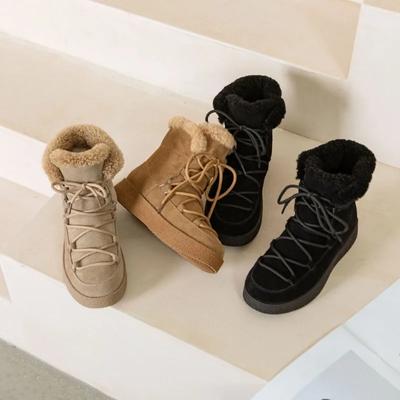 2024 2024 Британский стиль 2024 Зимние новые ботинки из нубука для снега с мехом, женские теплые ботинки с круглой подошвой и перекрестными шнурками