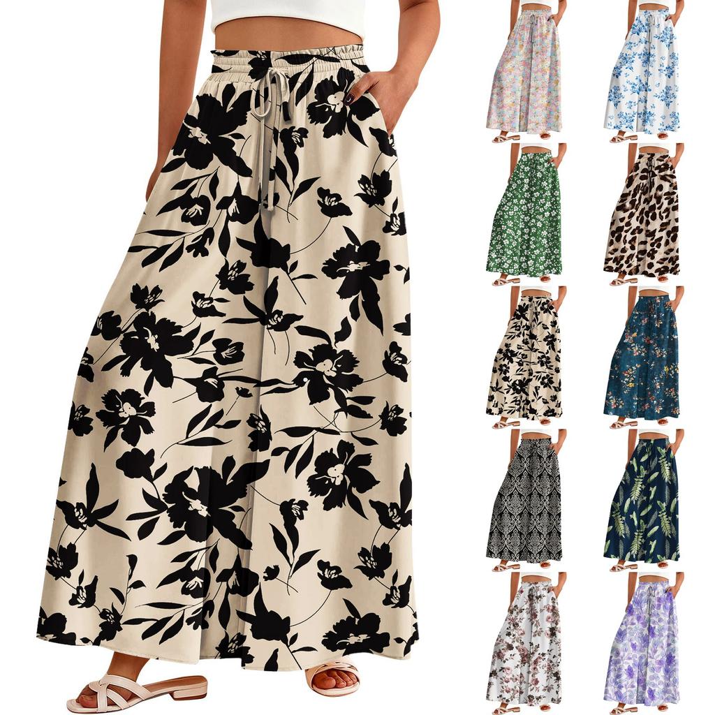 Women's Palazzo Pants Boho Floral Wide Leg Trousers Summer Beach High Waisted Flowy Pants With Pockets