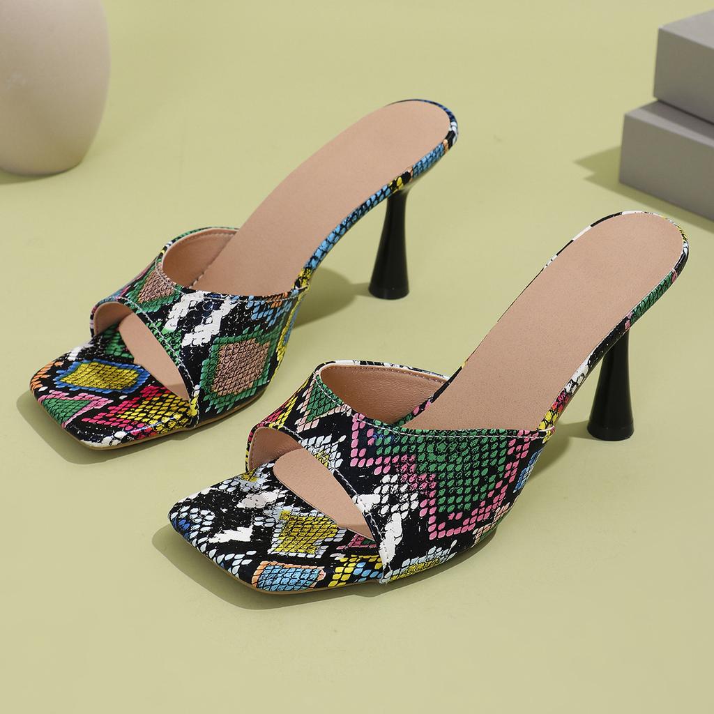 Женские туфли большого размера с квадратным носком на тонком высоком каблуке, сексуальные шлепанцы с открытым носком и рисунком змеиной кожи
