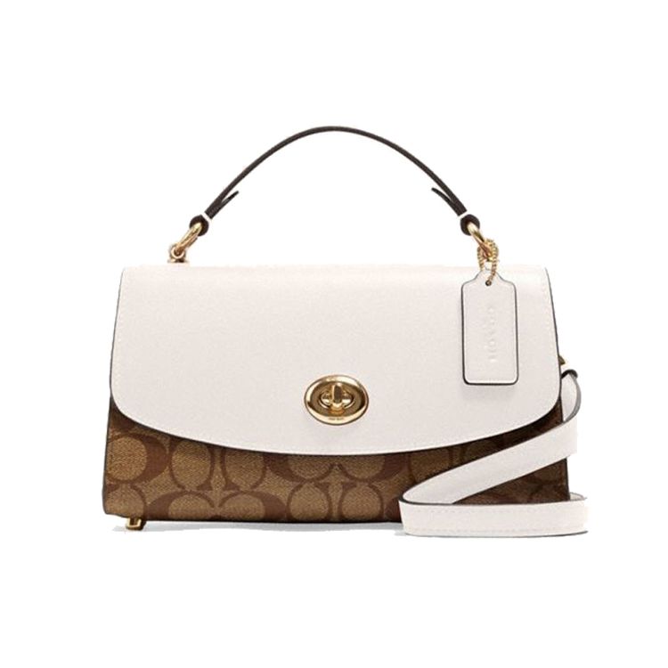 Coach Tilly 23 Monogram Color Block Turnlock Flap Leather Handbag Women handbags White Dark-Brown C1439-IMDJ8