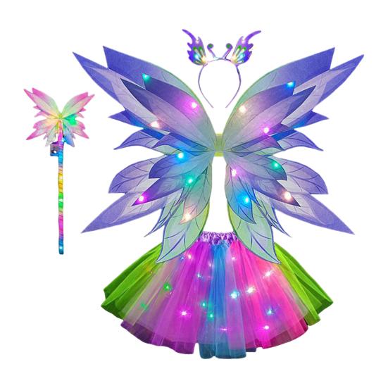 Костюм феи со светодиодными крыльями бабочки для девочек, светящаяся юбка из тюля, повязка на голову, подарок на вечеринку в стиле косплея, рождественский наряд