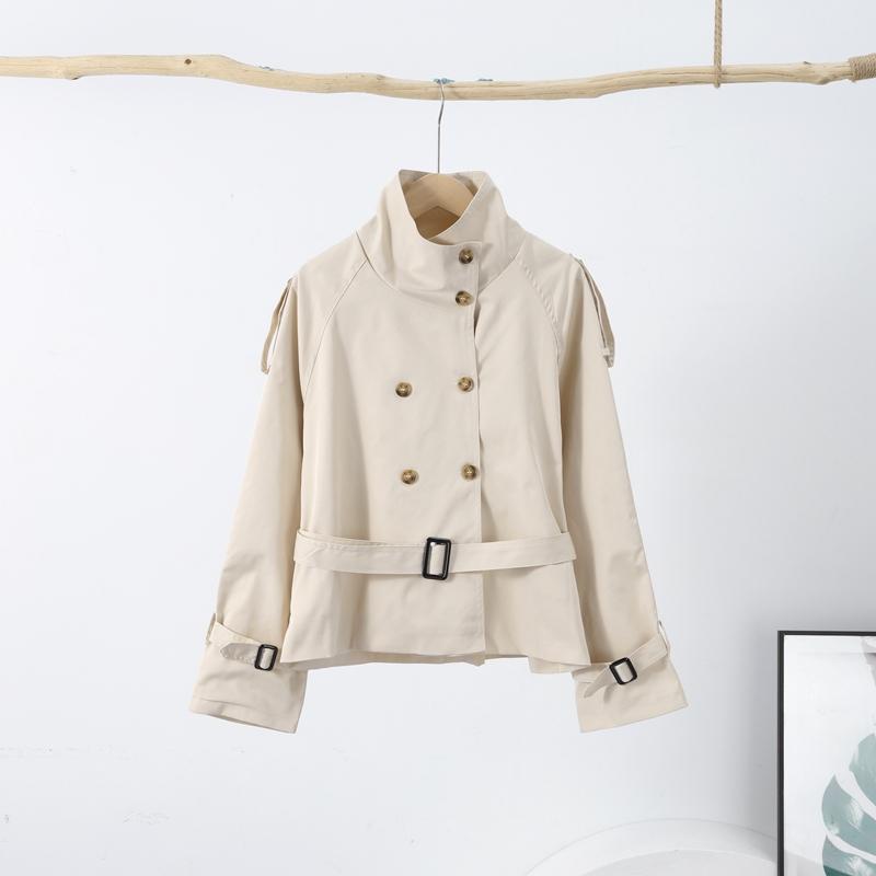 Короткий тренч на шнуровке со стойкой воротником, женский, с длинным рукавом, двубортный, тонкий приталенный жакет, ветровка для通勤, осенняя верхняя одежда 2025